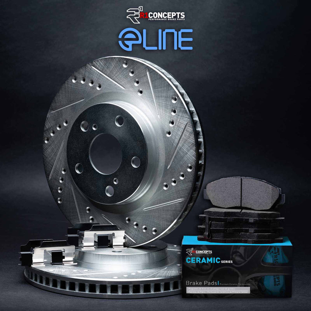 R1 01-05 Acura EL Rear Drilled & Slotted Silver Brake Rotor Set w/Ceramic Pads and Hardware