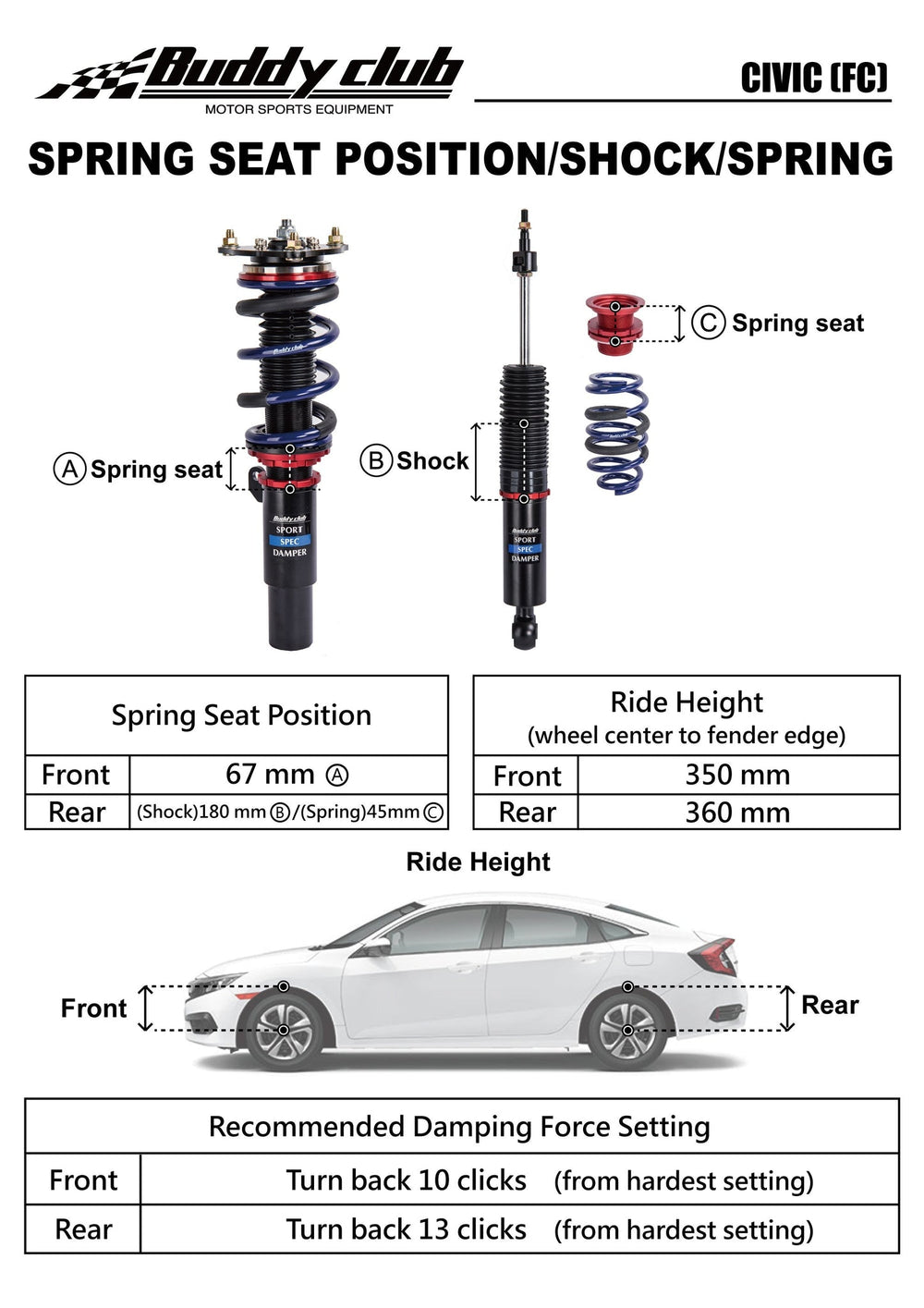 Buddy Club Sport Spec Damper Coilovers Kit Honda Civic 16 Coupe/Sedan Non-Si