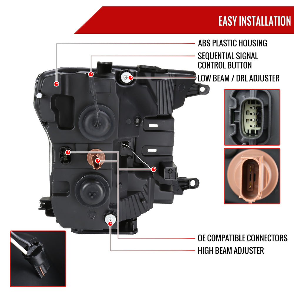 LED PROJECTOR HEADLIGHTS WITH SEQUENTIAL TURN SIGNAL - LIGHT SMOKE LENS AND GLOSSY BLACK HOUSING