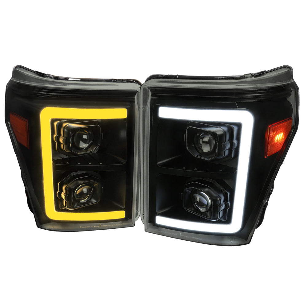 PROJECTOR HEADLIGHTS WITH SEQUENTIAL LED BAR BLACK HOUSING SMOKED LENS AND AMBER REFLECTORS