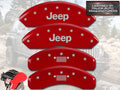 Set Of 4 Caliper Covers Engraved Front Jeep Engraved Rear Jeep Grill Logo Red Finish Silver Characters 2003-2006 Jeep Wrangler MGP Caliper Covers