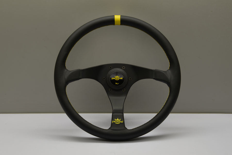 Trophy 350mm Black Leather Steering Wheel with Yellow Stitching