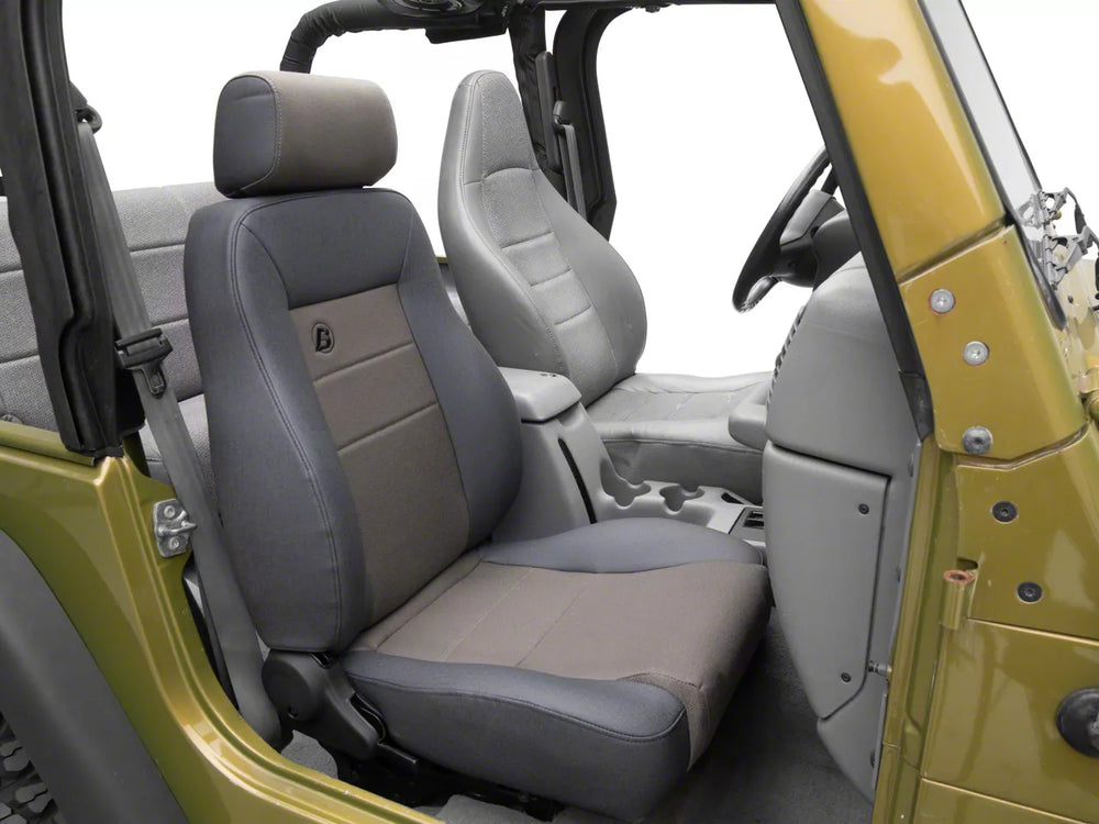 Trailmax II Pro Seat Passenger side Front center fabric FTsert Black Denim Jeep 76-06 CJ7 AND Wrangler; 97-02 req. Adapter 51256; 03-06 req. Adapter 51245 Drvr 51248 Psngr