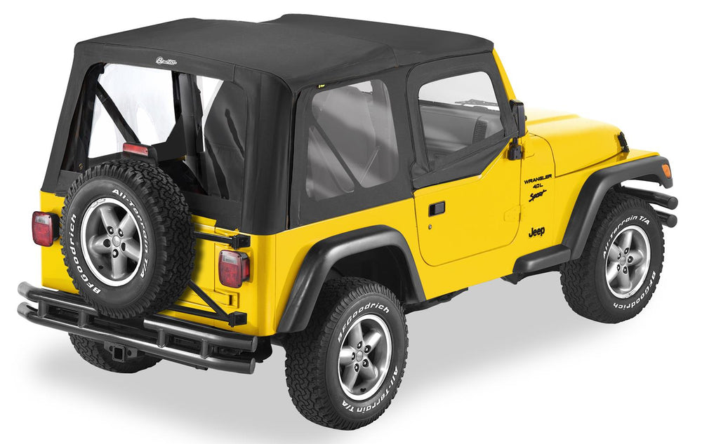 ~(21 lbs. 32X9X9)~ Replace-a-Top Fabric-only Soft Top Black Denim Jeep 97-02 Wrangler; Includes door skins; Clear side and rear windows