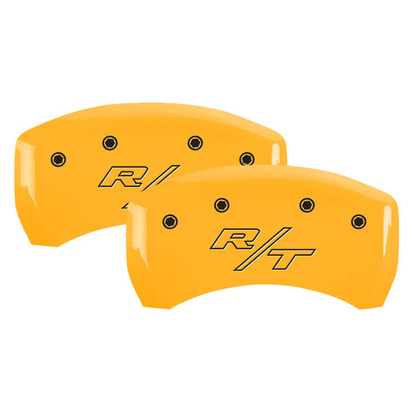 Set Of 4 Caliper Covers Engraved Front Cursive Challenger Engraved Rear RT Yellow Finish Black Characters 2011-2023 Dodge Challenger 18 inches