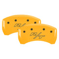 Set Of 4 Caliper Covers Engraved Front Cursive Challenger Engraved Rear RT Yellow Finish Black Characters 2011-2023 Dodge Challenger 18 inches