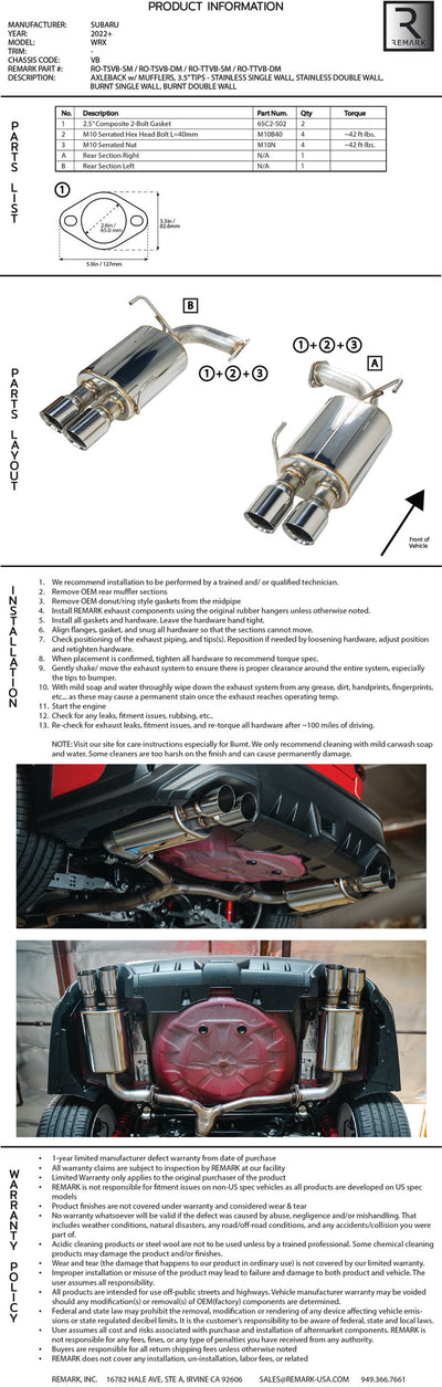 Remark 2022+ Subaru WRX (VB) 3.5in Axleback Exhaust w/ Stainless Single Wall Tip
