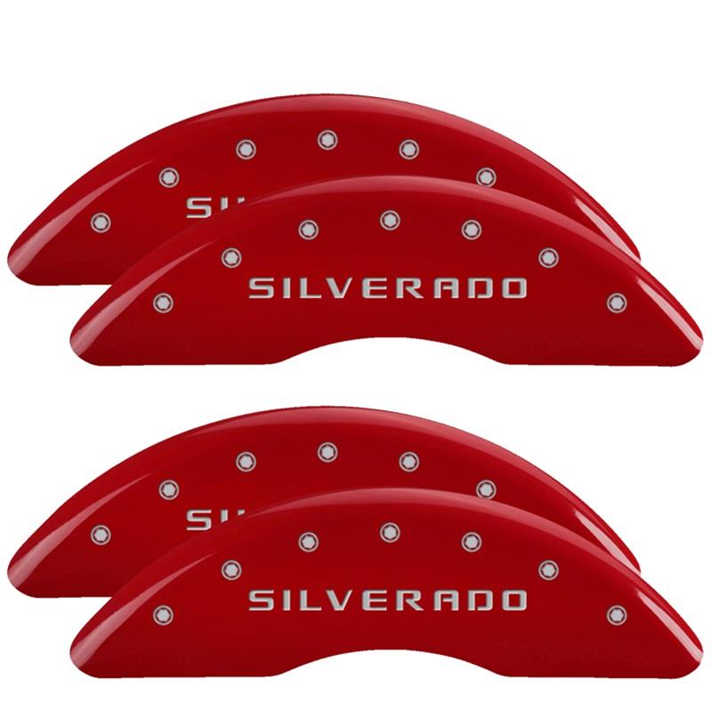 SET OF 4 CALIPER COVERS ENGRAVED FRONT/REAR SILVERADO SILVER CHARACTERS RED PW