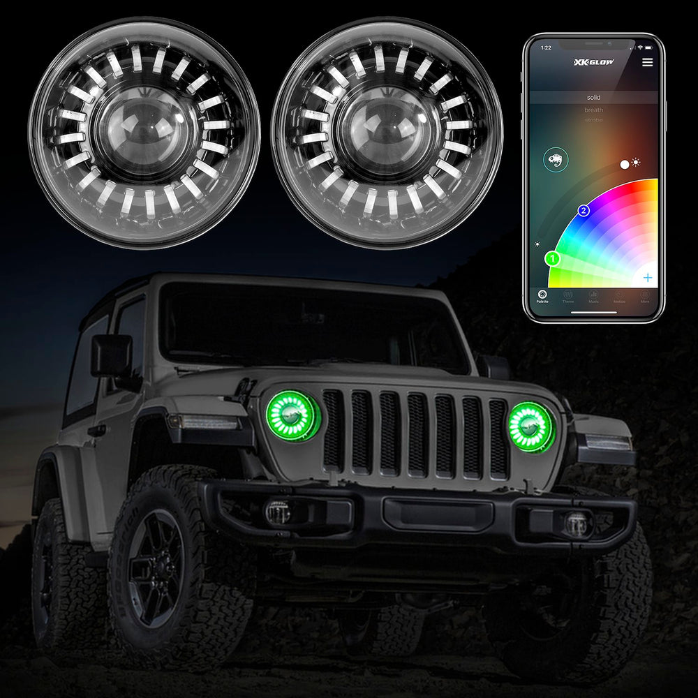 XK Glow RGB Jeep JL Headlight Kit w Mounting Brackets w Dual-Mode Dash Mount Controller (2pc 7in)