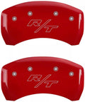 Set Of 4 Caliper Covers Engraved Front Cursive Challenger Engraved Rear RT Red Finish Silver Characters 2005-2010 Dodge Magnum MGP Caliper Covers
