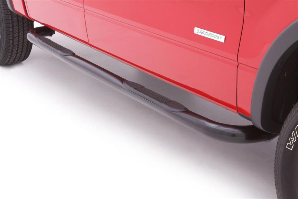 ~(47 lbs. 82X17X4)~ 3 in ROUND BENT BLACK SS NERF BARS BLACK STAINLESS STEEL 2009-2014 FORD F-150 EXTENDED CAB PICKUP