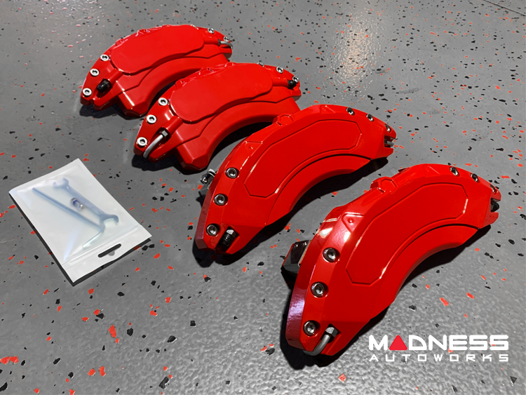 MGP 4 Caliper Covers Engraved Front & Rear 22-23 Jeep Wagoneer MOPAR Red Finish Silver Ch (19in+ Wh)
