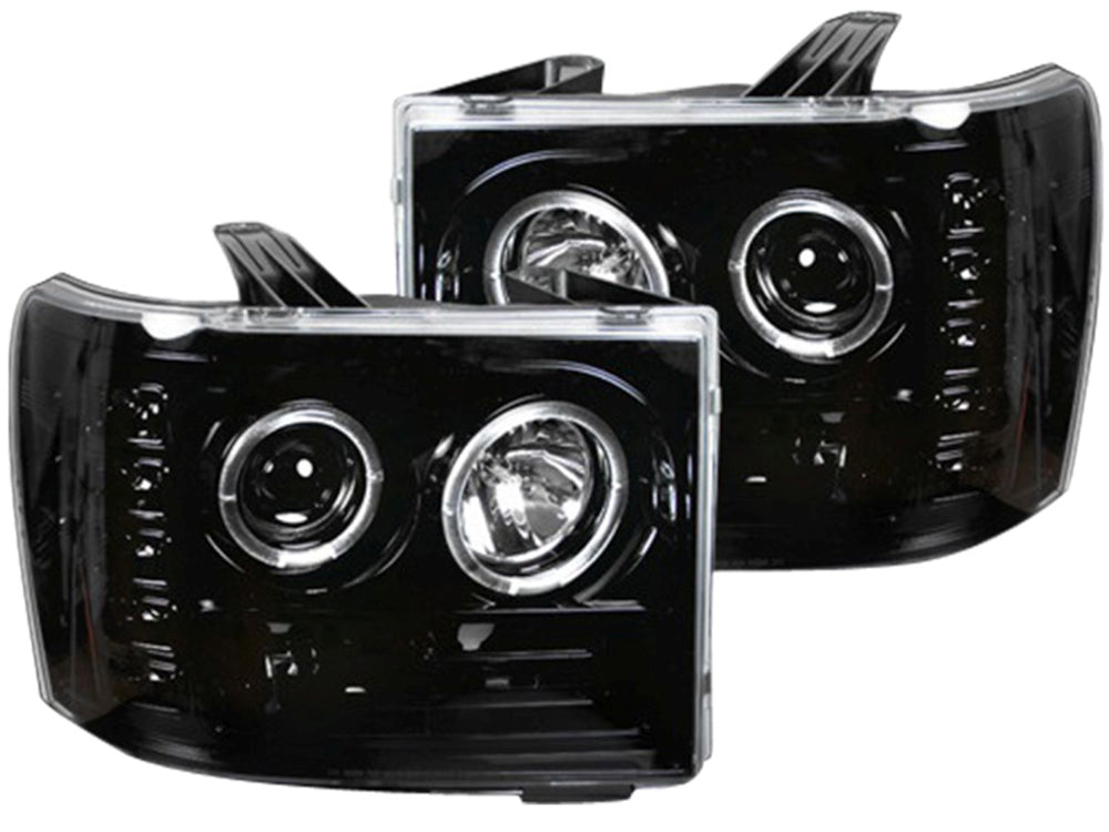 ~(20.5 lbs. 25X21X17)~ GMC Sierra 07-13 (2nd GEN) PROJECTOR HEADLIGHTS w/ CCFL HALOS and DRL - Smoked / Black