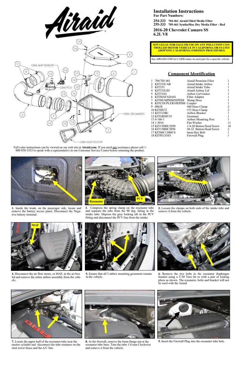 AIRAID INTAKE KIT; CHEV. CAMARO SS V8-6.2L F/I