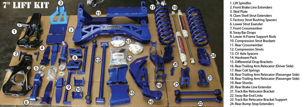 7 in LIFT KIT (4WD) 2015 SUV. NO AUTO LEVELING SHOCKS/ REAR EXTENDERSUSE STOCK SHOCKS. (1/2 TON GM)