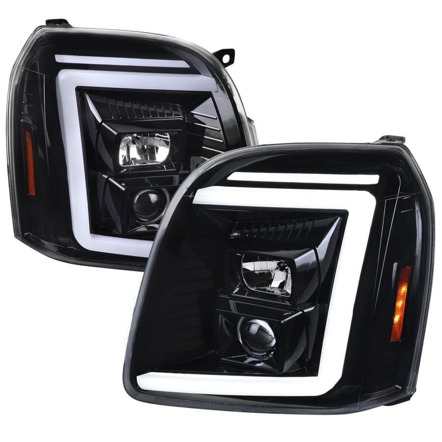 PROJECTOR HEADLIGHTS WITH LED BAR GLOSSY BLACK HOUSING AND CLEAR LENS - SWTICHBACK AND SEQUENTIAL TURN SIGNALS
