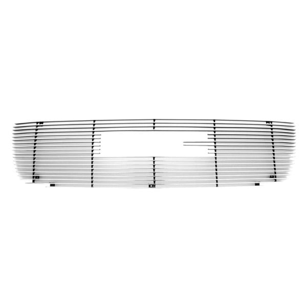 Grill: 2003-2005 GMC Pick Up Full Size Sierra; Grille; main grill; overlay; 19 bars; bolt on; with logo cutout; EZ install; no cutting required; billet