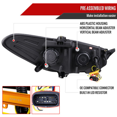 LED BAR PROJECTOR HEADLIGHTS GLOSSY BLACK HOUSING SMOKE LENS - HALOGEN MODELS ONLY - SEQUENTIAL SWITCHBACK TURN SIGNAL