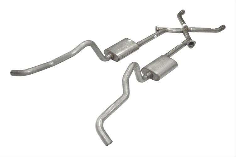 Crossmember Back w X-Pipe Exhaust System 55-57 Tri-Five Chevy Split Rear Dual Exit 2.5 in Intermediate And Tail Pipe Violator Mufflers Hardware Incl Tip Not Incl 409 Stainless Steel Pypes Exhaust