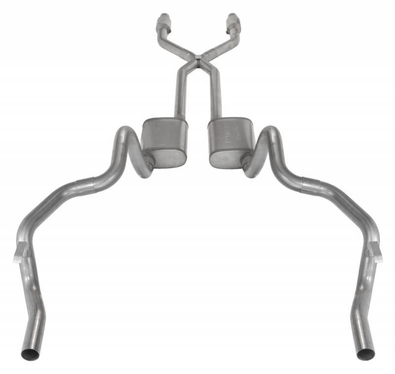 Crossmember Back w X-Pipe Exhaust System 75-81 F-Body Split Rear Dual Exit 2.5 in Intermediate And Tail Pipe Turbo Pro Mufflers Hardware Incl Catalytic Converter Incl Pypes Exhaust