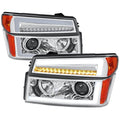 PROJECTOR HEADLIGHTS WITH LED BAR CHROME HOUSING CLEAR LENS SWITCHBACK LED LIGHT BAR LED SEQUENTIAL SIGNAL H1 LOW H7 HIGH INCLUDED