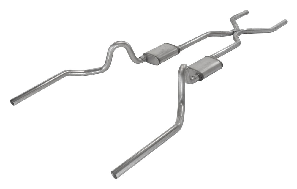 ~(60 lbs. 62X17X13)~ Crossmember Back w/H-Pipe Exhaust System 64-74 GM A Body Split Rear Dual Exit 3 in Intermediate And Tail Pipe Hardware Incl Muffler And Tip Not Incl Pypes Exhaust