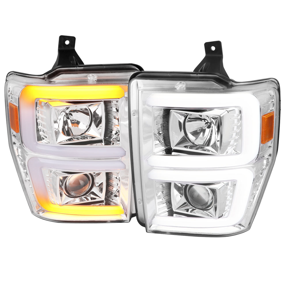 PROJECTOR HEADLIGHTS WITH LED BAR CHROME HOUSING AND CLEAR LENS - SWITCH BACK SEQUENTIAL TURN SIGNAL