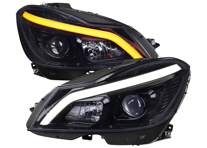 W204 2 DOOR COUPE 4 DOOR SEDAN HALOGEN PROJECTOR HEADLIGHTS WITH SEQUENTIAL SWITCHBACK TURN SIGNAL MATTE BLACK HOUSING SMOKED LENS