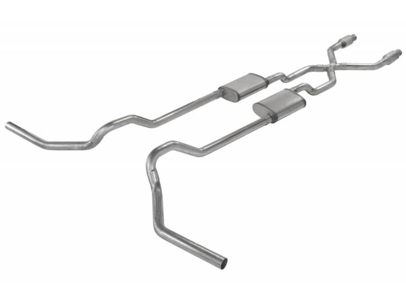 Crossmember Back w X-Pipe Exhaust System 75-76 Ford Truck Split Rear Dual Exit 2.5 in Intermediate And Tail Pipe Hardware Incl Turbo pro Muffler Incl Tip Not Incl Catalytic Converter Incl Pypes Exhaust