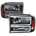 F350 1 PIECE HEADLIGHTS WITH LED BAR BLACK HOUSING AND CLEAR LENS AMBER REFLECTOR - USES STOCK BULBS