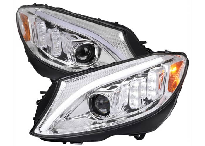 W205 LED PROJECTOR HEADLIGHTS CHROME HOUSING AND CLEAR LENS - SEQUENTIAL TURN SIGNAL - HALOGEN MODELS ONLY