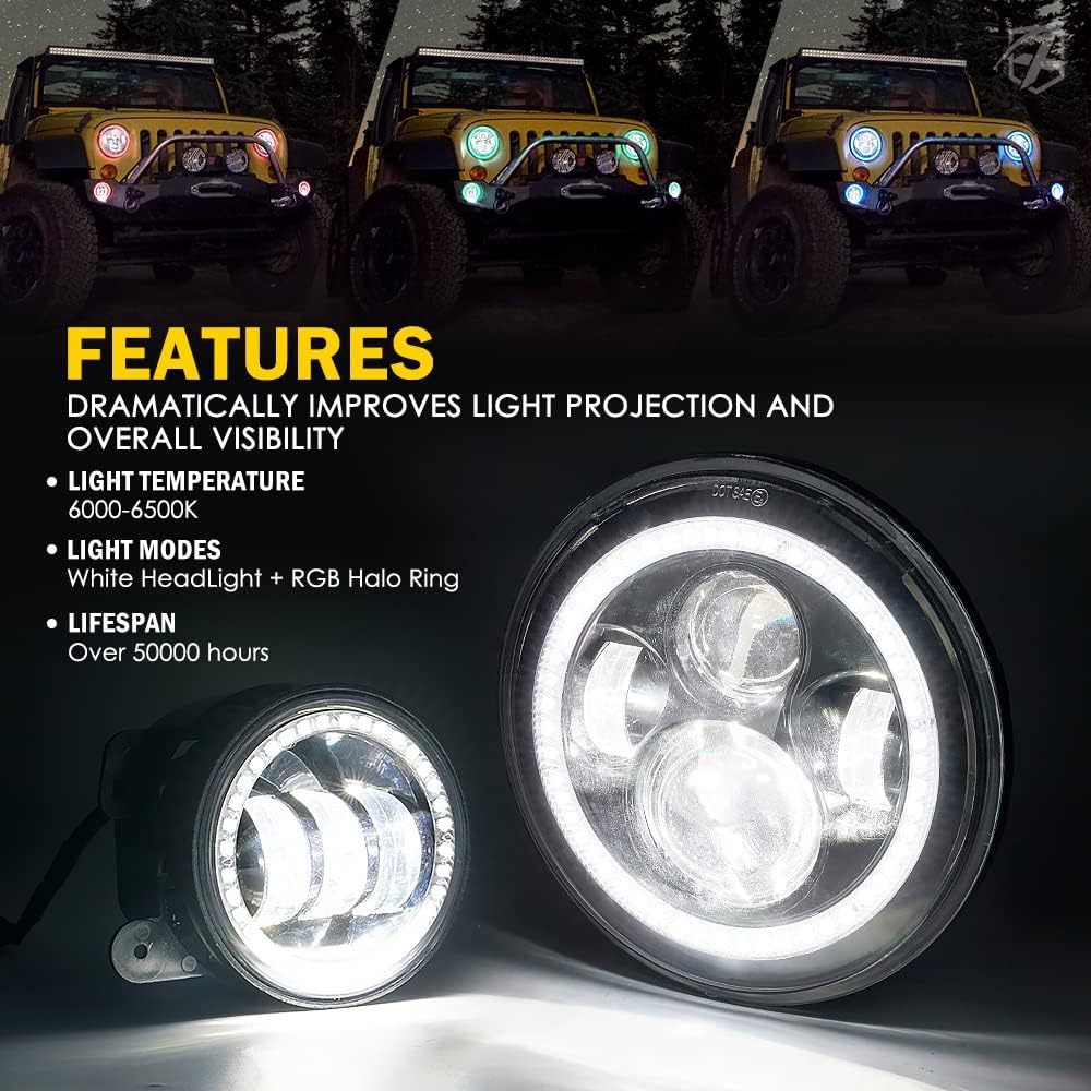 7-Inch RGB Halo LED Headlights & 4-Inch Fog Lights