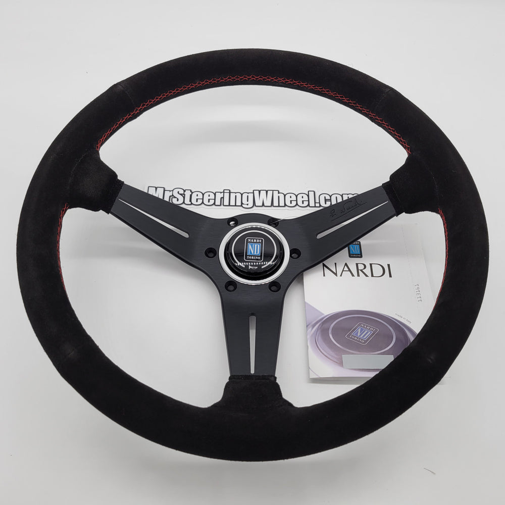 Deep Corn 350mm Black Suede Steering Wheel, Red Stitching