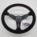 Deep Corn 350mm Black Suede Steering Wheel, Red Stitching