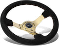 NRG Reinforced Steering Wheel (350mm / 3in. Deep) Blk Suede w/Red BBall Stitch & Chrome Gold 3-Spoke