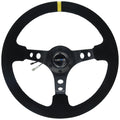 NRG Reinforced Steering Wheel (350mm / 3in. Deep) Blk Suede w/Circle Cut Spokes & Single Yellow CM
