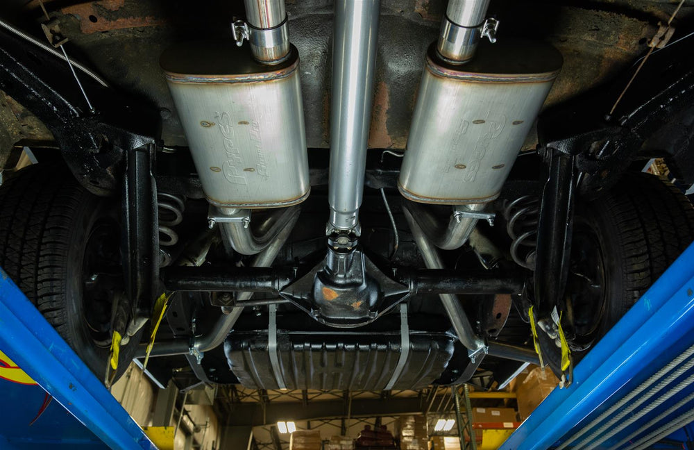 Crossmember Exhaust System 65-70 B-Body Split Side Dual Exit 2.5 in Intermediate And Tail Pipe Turbo Pro Muffler Hardware Incl Tip Not Incl Natural Finish 409 Stainless Steel Pypes Exhaust