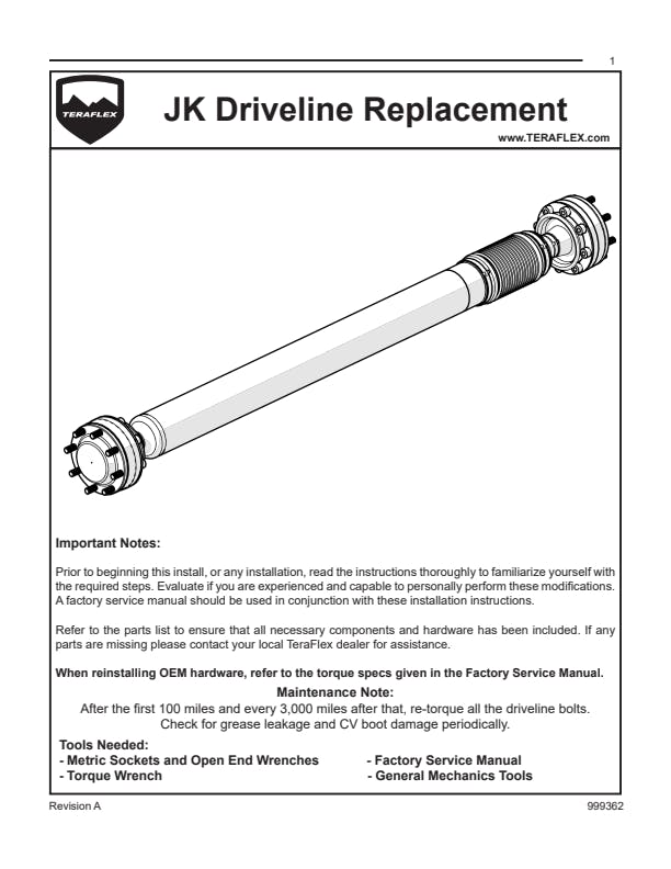 TeraFlex 2007-11 JK 2dr: High-Angle Rzeppa CV Driveshaft - Rear (3-6 Lift)-4607302