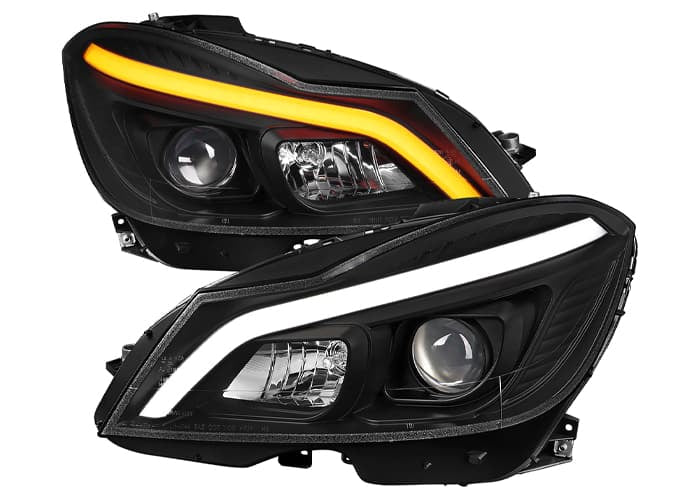 W204 2 DOOR COUPE 4 DOOR SEDAN HALOGEN PROJECTOR HEADLIGHTS WITH SEQUENTIAL SWITCHBACK TURN SIGNAL MATTE BLACK HOUSING CLEAR LENS