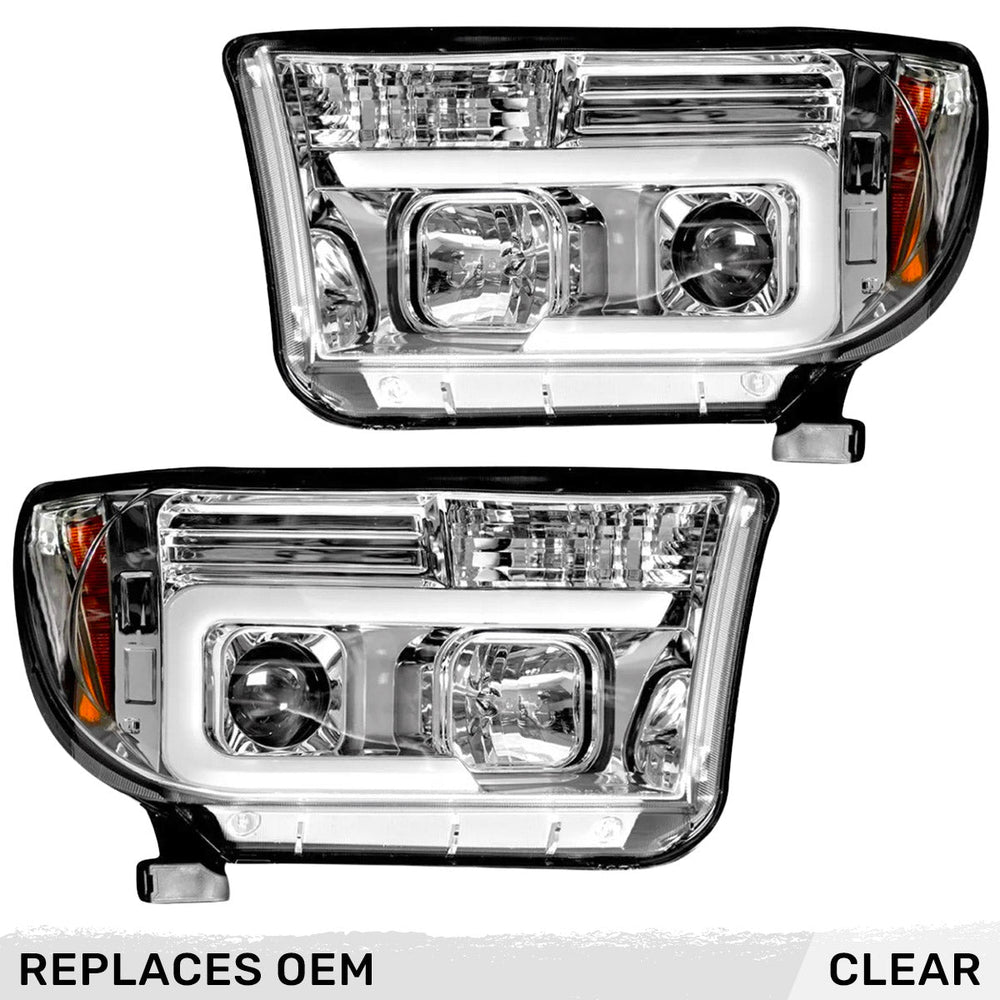 ~(19 lbs. 24X22X16)~ Toyota Tundra and Sequoia 07-13 PROJECTOR HEADLIGHTS w/ Ultra High Power Smooth OLED HALOS and DRL - Clear / Chrome