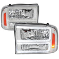F350 1 PIECE HEADLIGHTS WITH LED BAR CHROME HOUSING AND CLEAR LENS AMBER REFLECTOR - USES STOCK BULBS