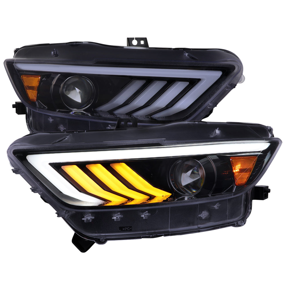 HID PROJETOR HEADLIGHTS GLOSSY BLACK HOUSING SMOKE LENS - SEQUENTIAL TURN SIGNAL AND DRL LED BAR - USE STOCK HID COMPONENTS AND BULBS