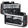 8 PIECE COMBO SET HEADLIGHTS BUMPER AND CORNER LIGHTS WITH LED BAR MATTE BLACK HOUSING AND CLEAR LENS - USES STOCK BULBS