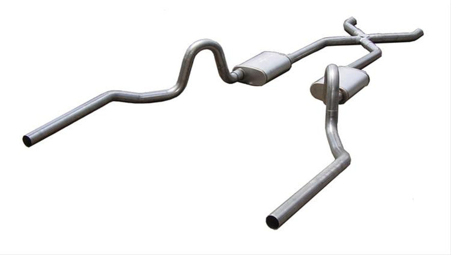 Crossmember Back w X-Pipe Exhaust System 64-74 GM A Body Split Rear Dual Exit 3 in Intermediate And Tail Pipe 304 Stainless Race Pro Mufflers Hardware Incl Tip Not Incl Pypes Exhaust
