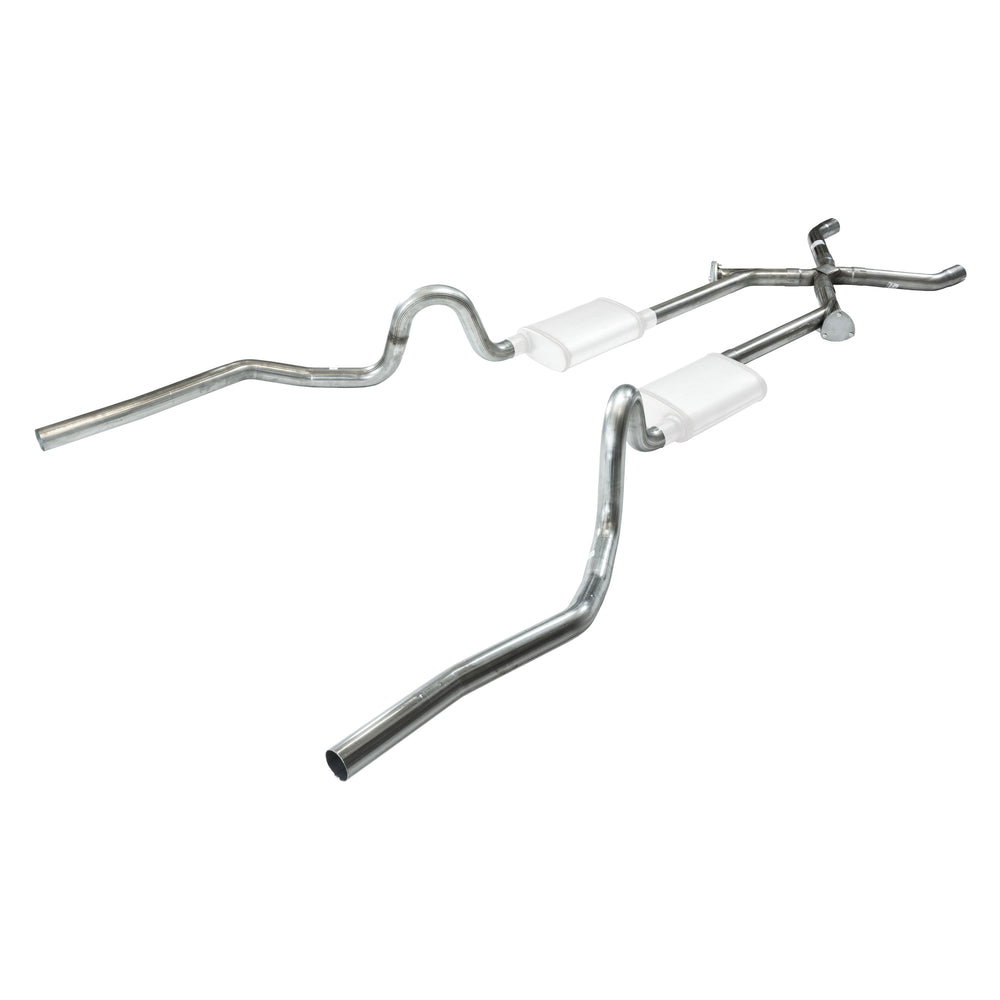 Crossmember Back w Xchange Exhaust System 70-71 GTO 68-72 442 Split Rear Dual Exit 2.5 in Intermediate And Tail Pipe w Valance Cutouts Hardware Incl Muffler And Tip Not Incl Pypes Exhaust