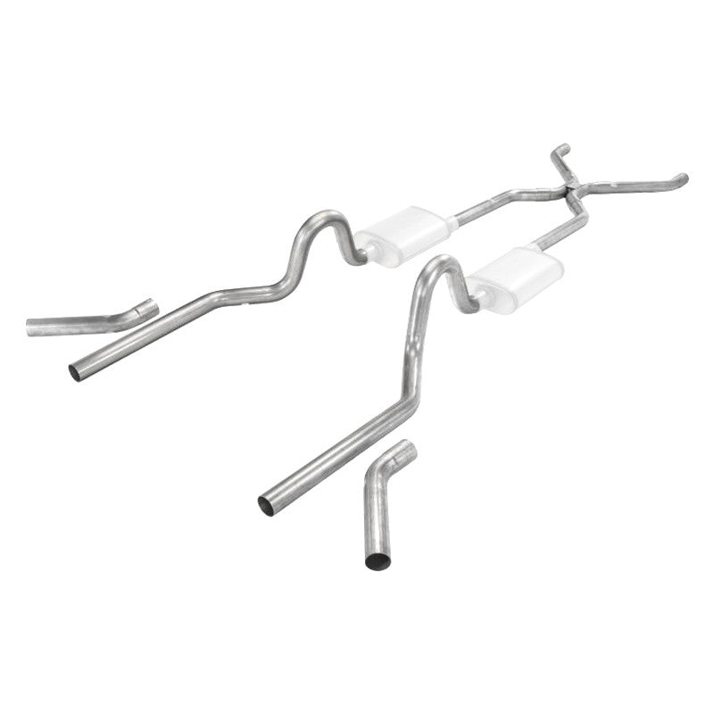 ~(59 lbs. 62X17X13)~ Crossmember Back w/H-Pipe Exhaust System 55-57 Tri-Five Chevy Split Rear Dual Exit 2.5 in Intermediate And Tail Pipe Hardware Incl Muffler And Tip Not Incl Pypes Exhaust