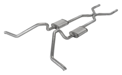 Crossmember Back w H-Pipe Exhaust System 65-70 B-Body Split Side Dual Exit 2.5 in Intermediate And Tail Pipe Turbo Pro Mufflers Hardware Incl Tip Not Incl Pypes Exhaust