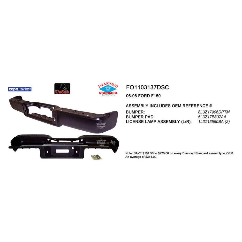 REAR BUMPER ASSEMBLY STYLESIDE;W/O REAR OBJECT SENSORS;W/O TOW PKG;PRIME;FORD F150 0608