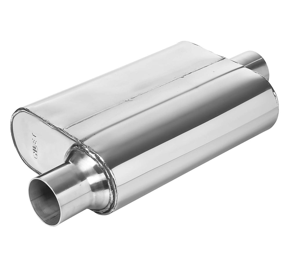 Universal Two-Chamber Muffler, 3-Inch Offset Inlet / 3-Inch Center Outlet