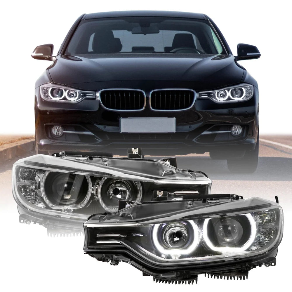 Black Projector Headlight Assembly with White LED Angel Eyes